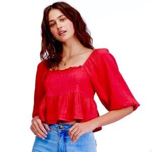 Billabong Womens Cropped Babydoll Top Puff Sleeve Red Cotton Cross My Heart Sz M